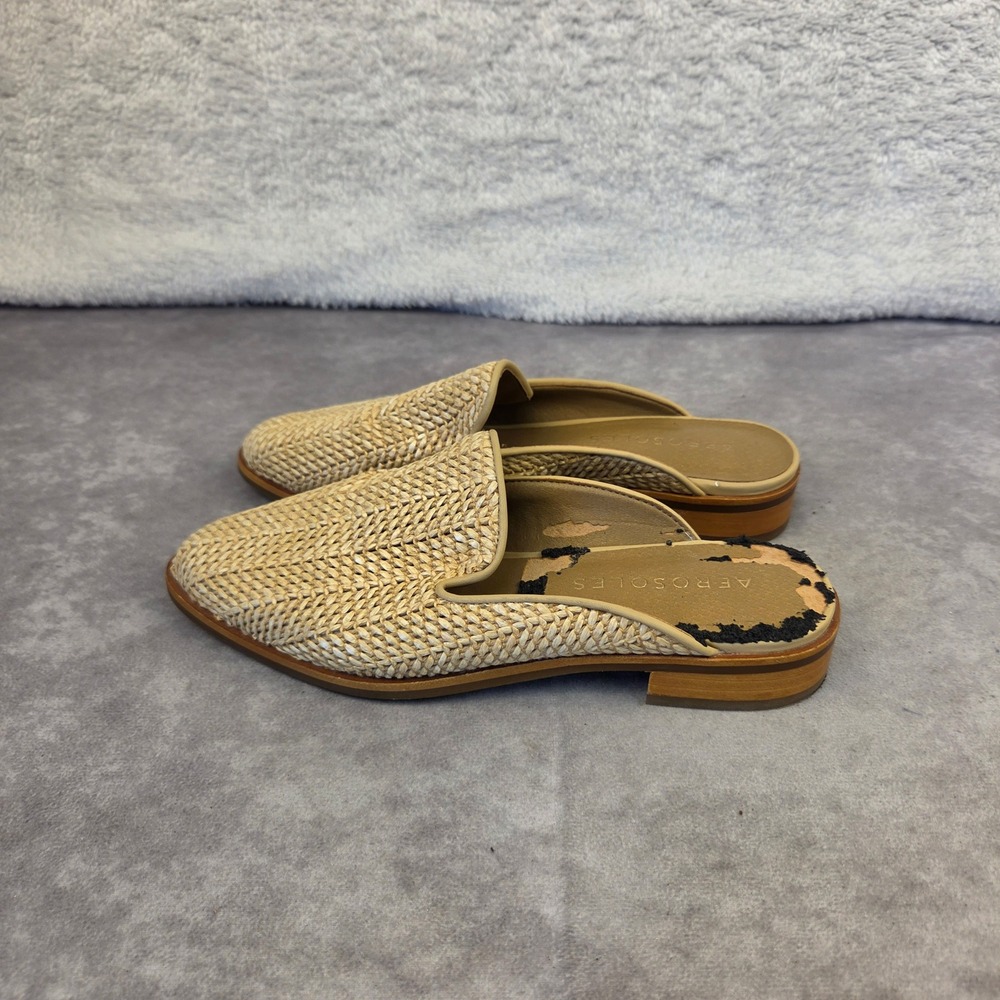 Aerosoles Woven Raffia Mules Tan Pointed Toe Flat Slip On Loafers Shoes Womens